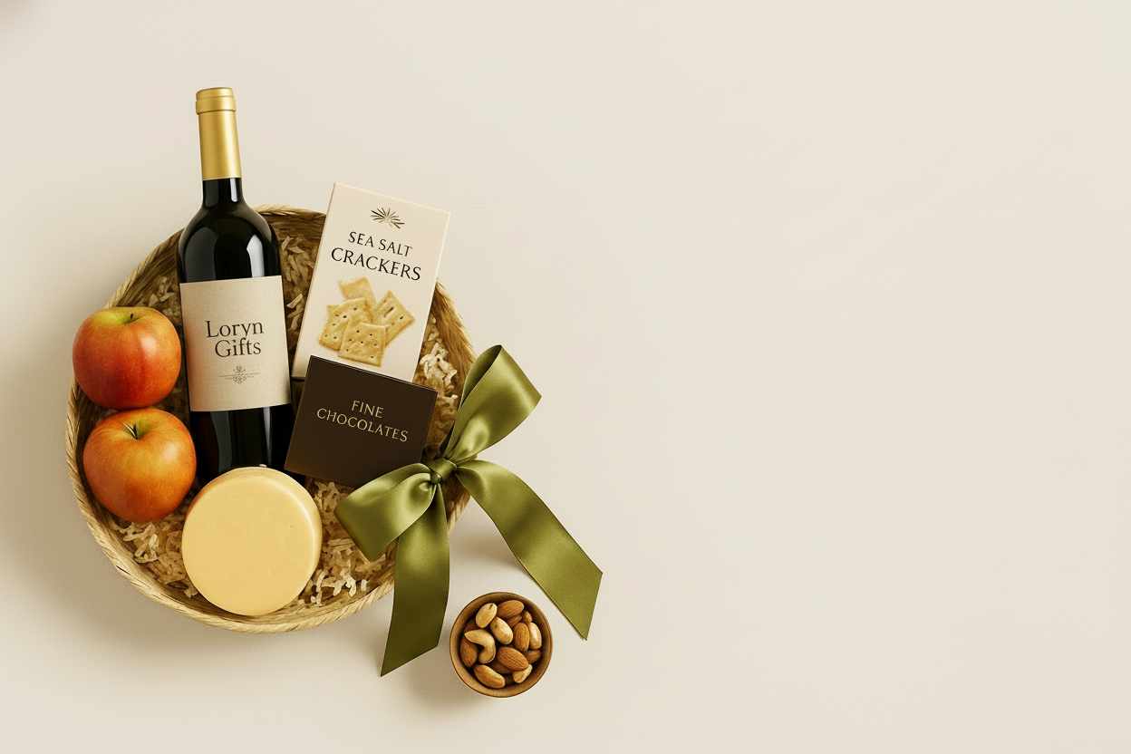 Gift basket with wine, apples, crackers, chocolates, and nuts on a beige background with 'Elegance in Every Detail' text.